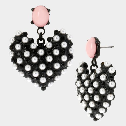 BETSEYS PEARL HEART DROP EARRINGS BLACK - JEWELRY - Betsey Johnson