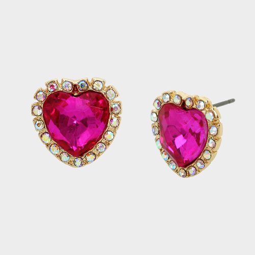 THINK PINK STONE HEART STUD EARRINGS FUCHSIA - JEWELRY - Betsey Johnson