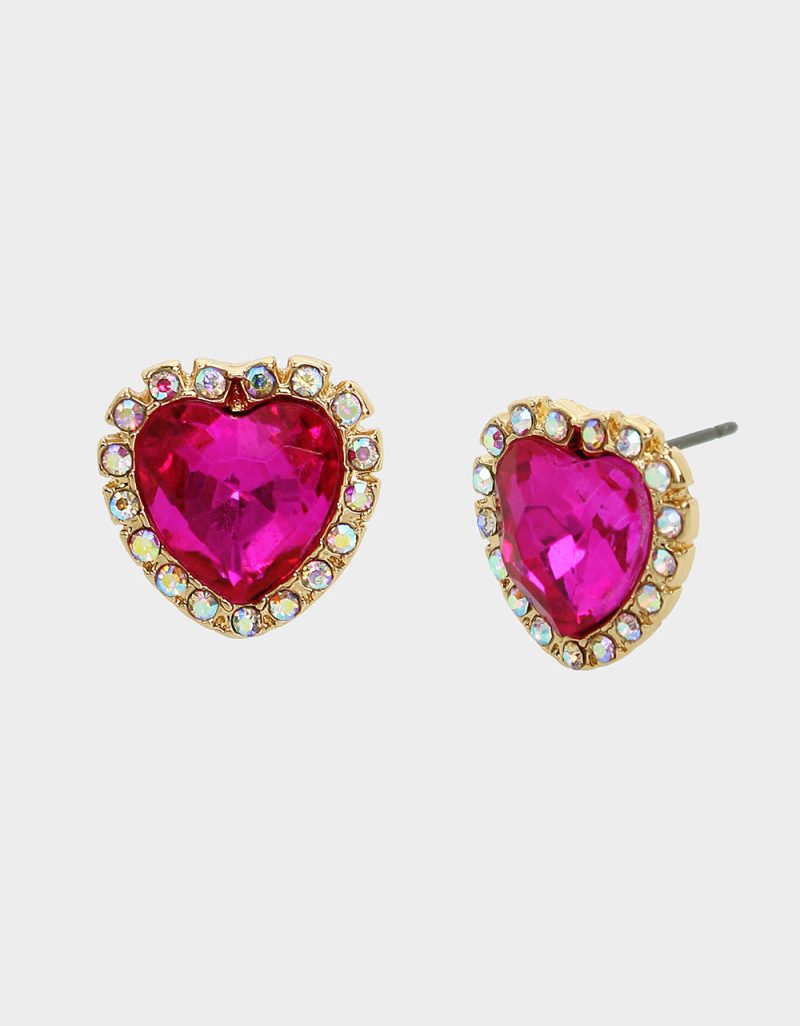 THINK PINK STONE HEART STUD EARRINGS FUCHSIA - JEWELRY - Betsey Johnson