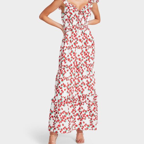 STRAWBERRY PRINT MAXI DRESS WHITE - APPAREL - Betsey Johnson